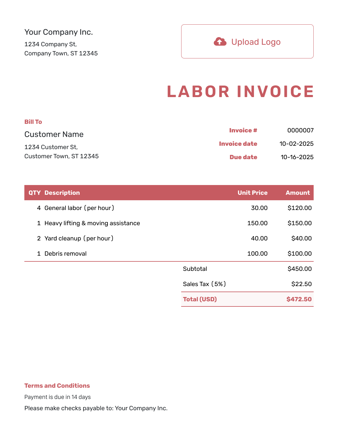 Basic Labor Invoice Template