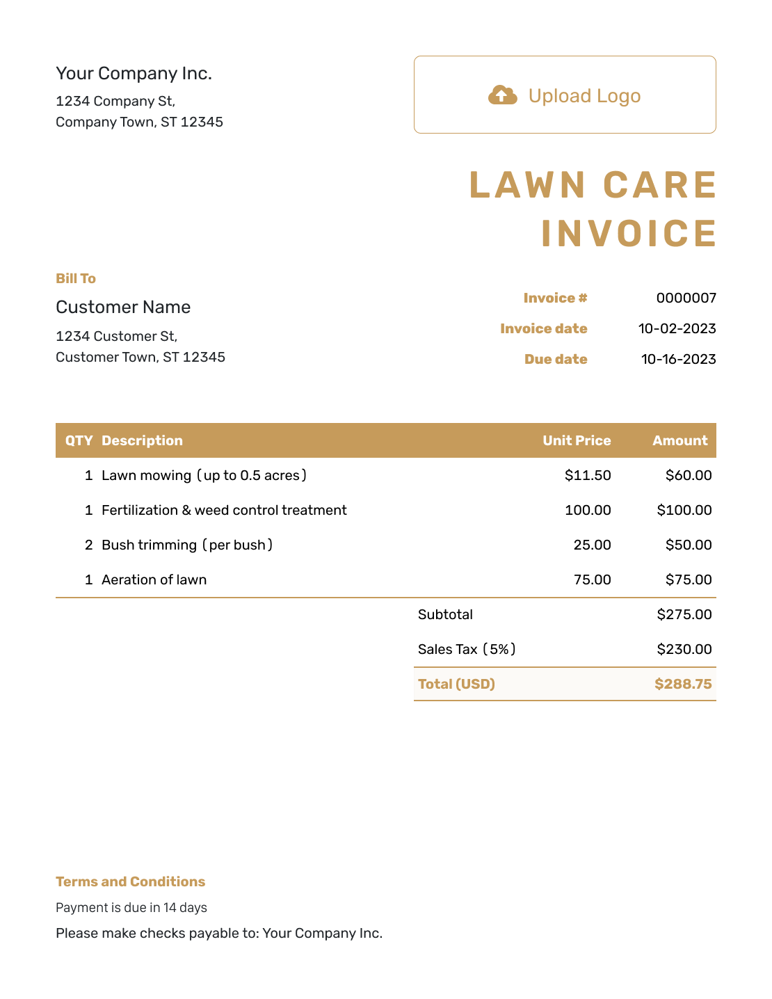 Basic Lawn Care Invoice Template