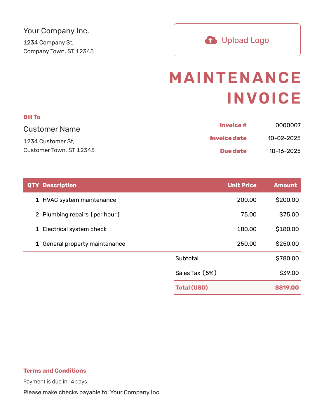 Basic Maintenance Invoice Template