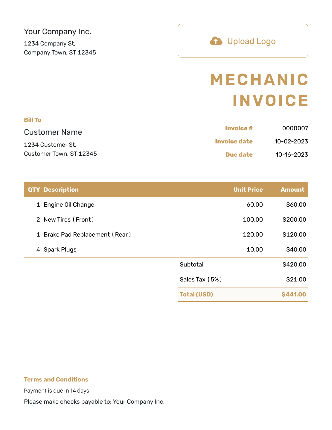 Basic Mechanic Invoice Template