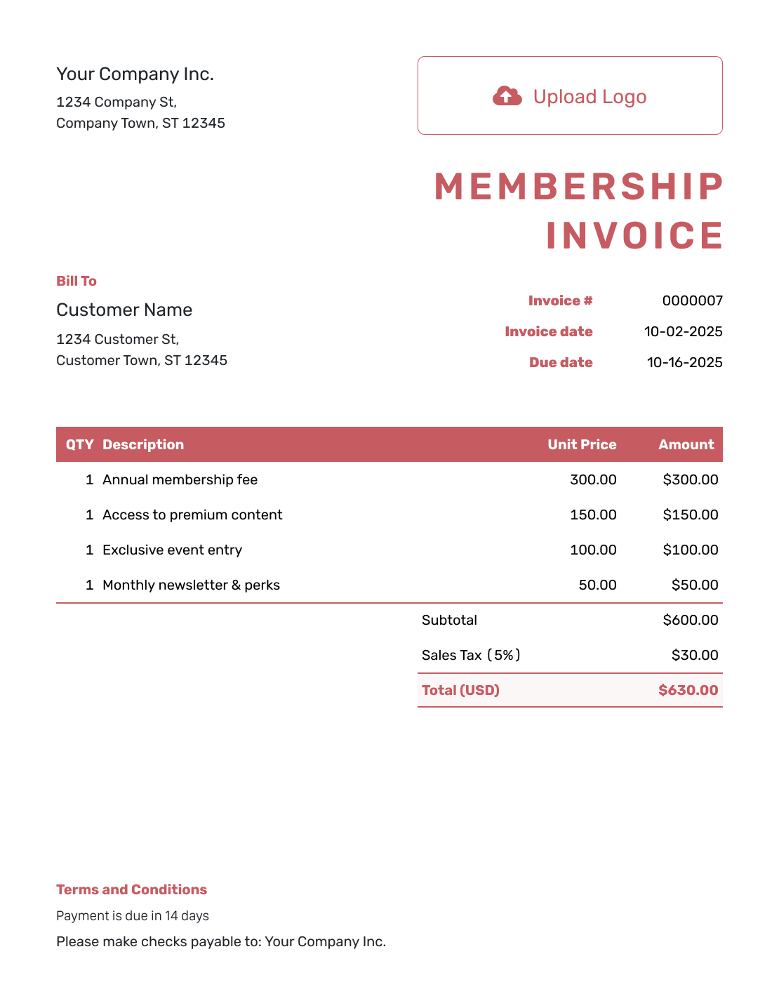 Basic Membership Invoice Template