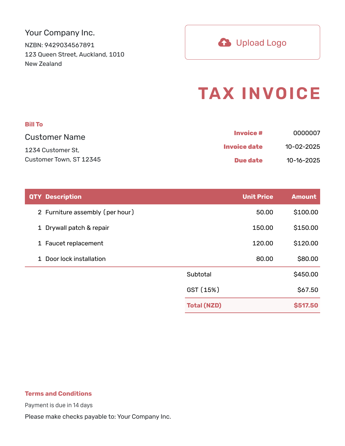 Basic New Zealand Invoice Template