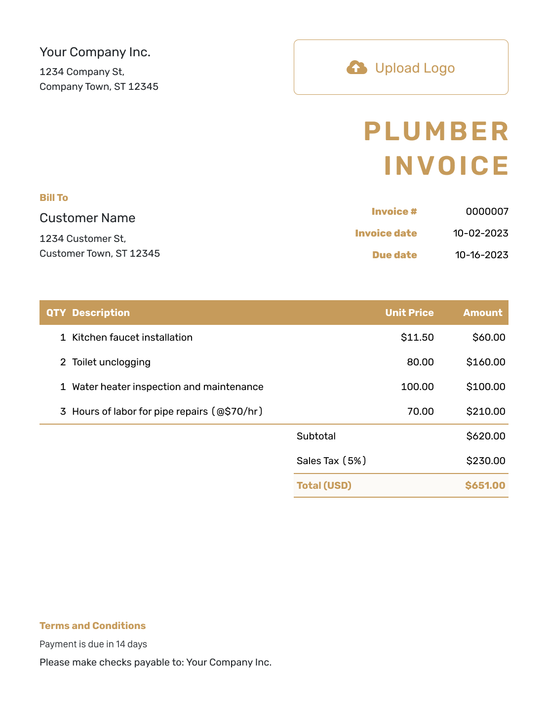 Basic Plumber Invoice Template