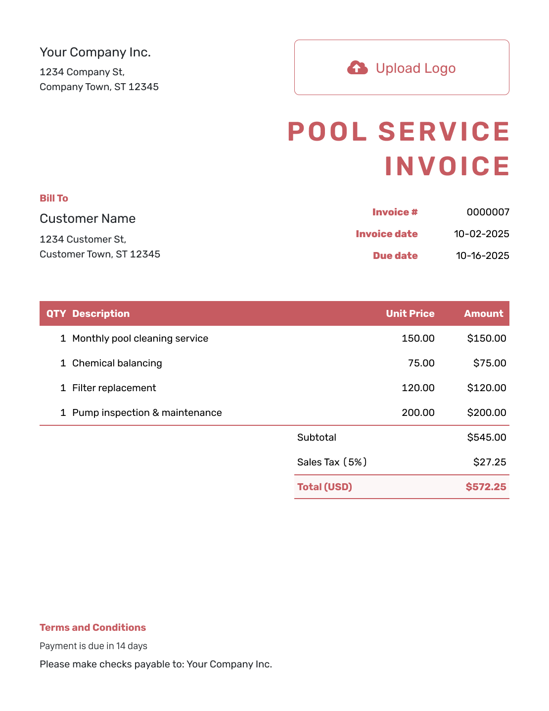 Basic Pool Service Invoice Template