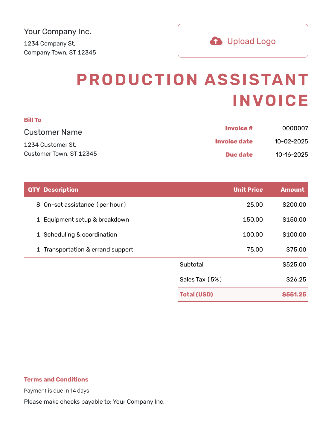 Basic Production Assistant Invoice Template