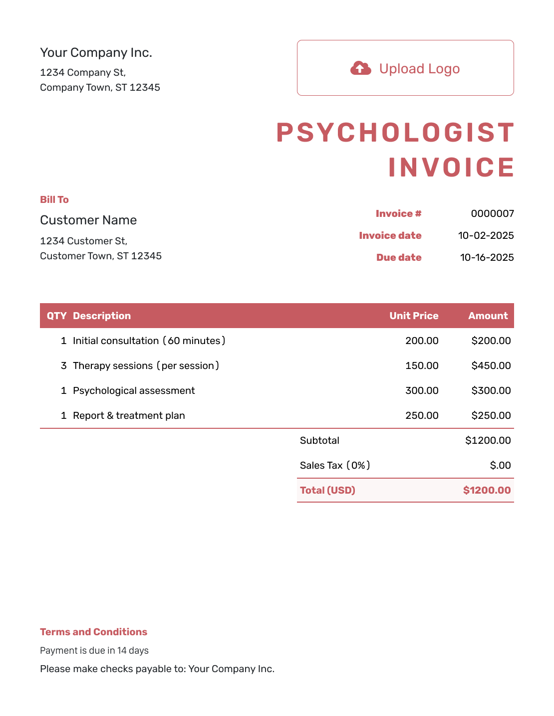 Basic Psychologist Invoice Template