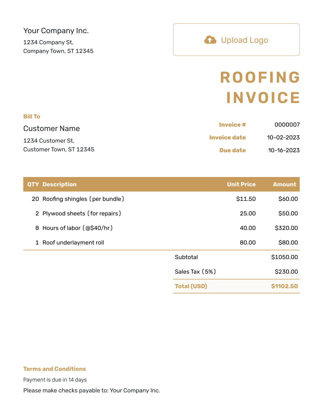 Basic Roofing Invoice Template