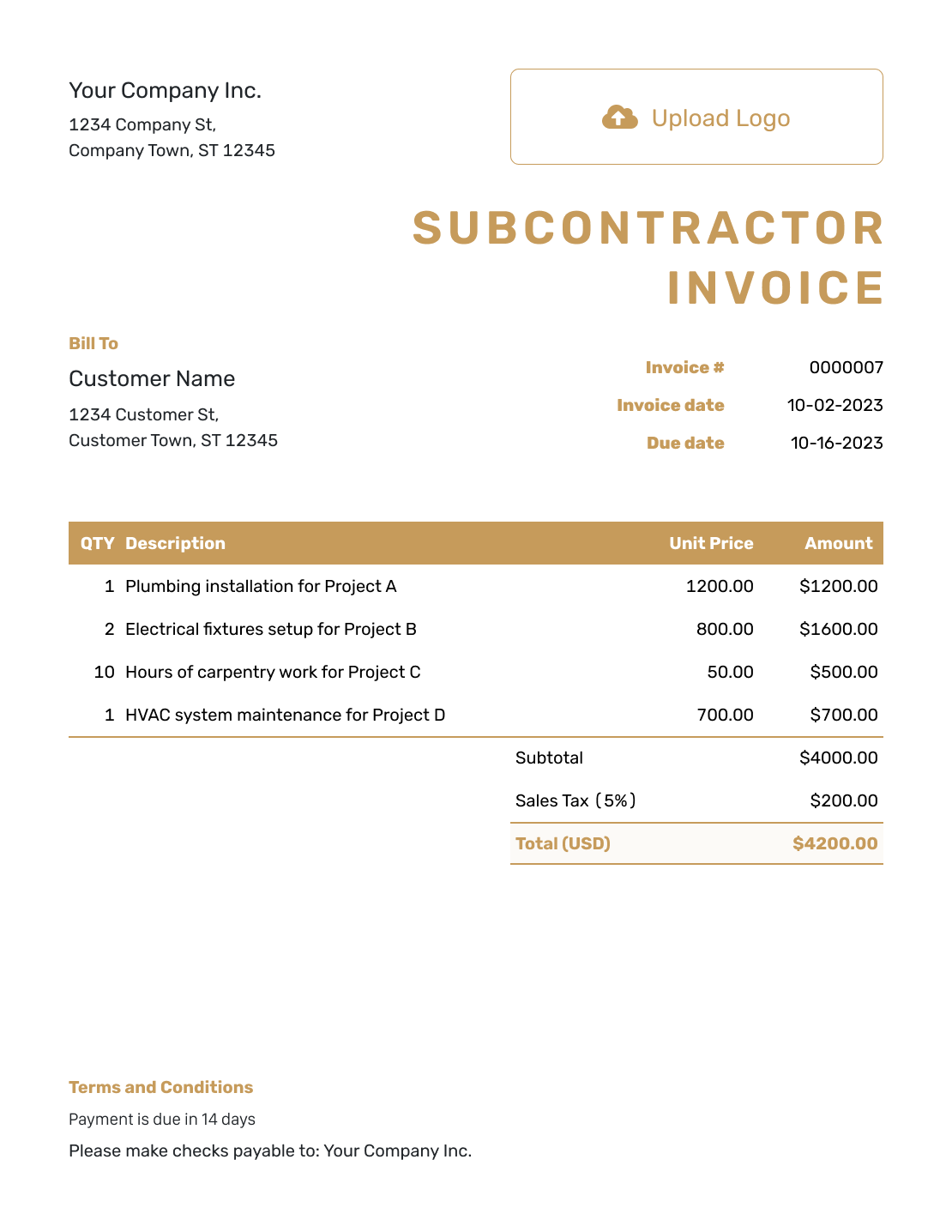 Basic Subcontractor Invoice Template