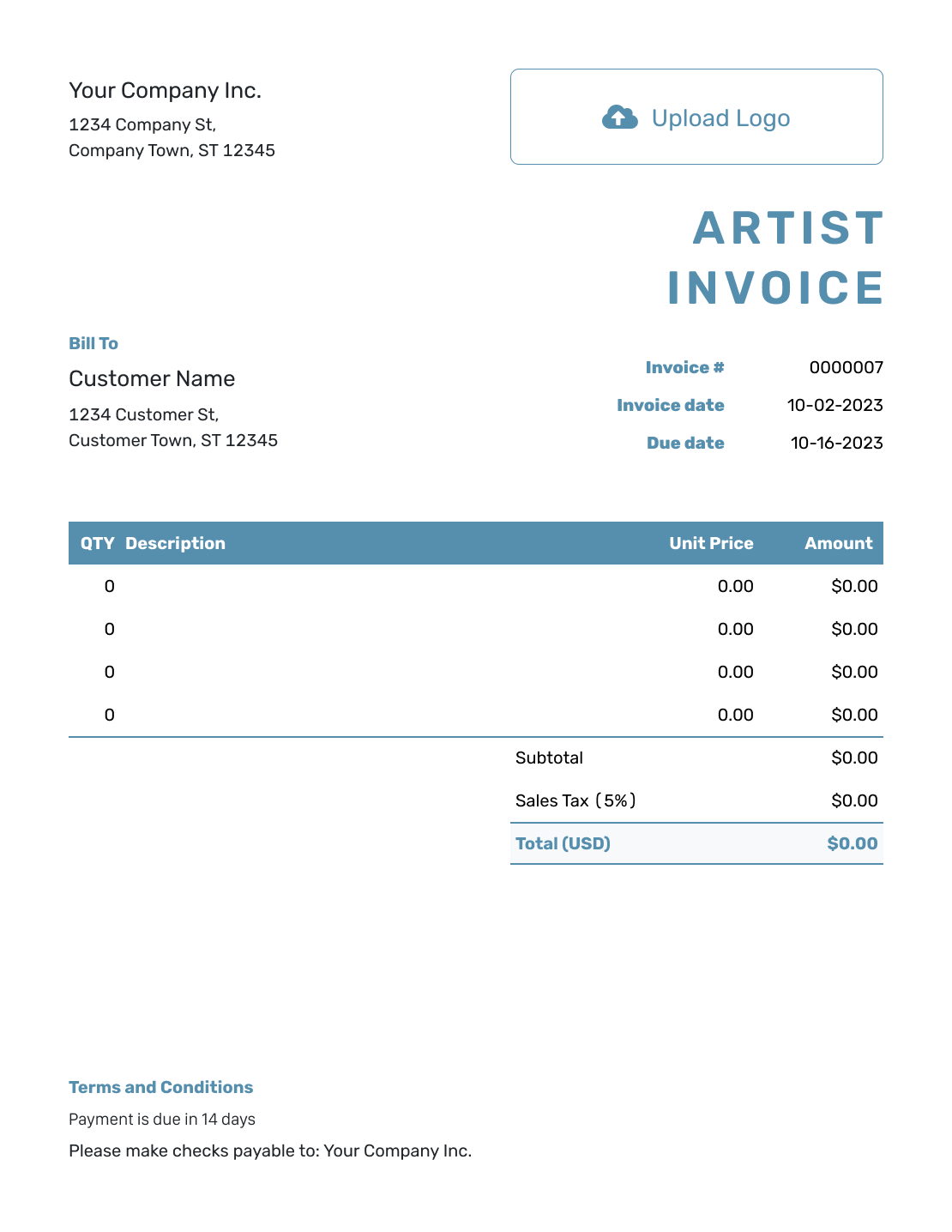 Blank Artist Invoice Template