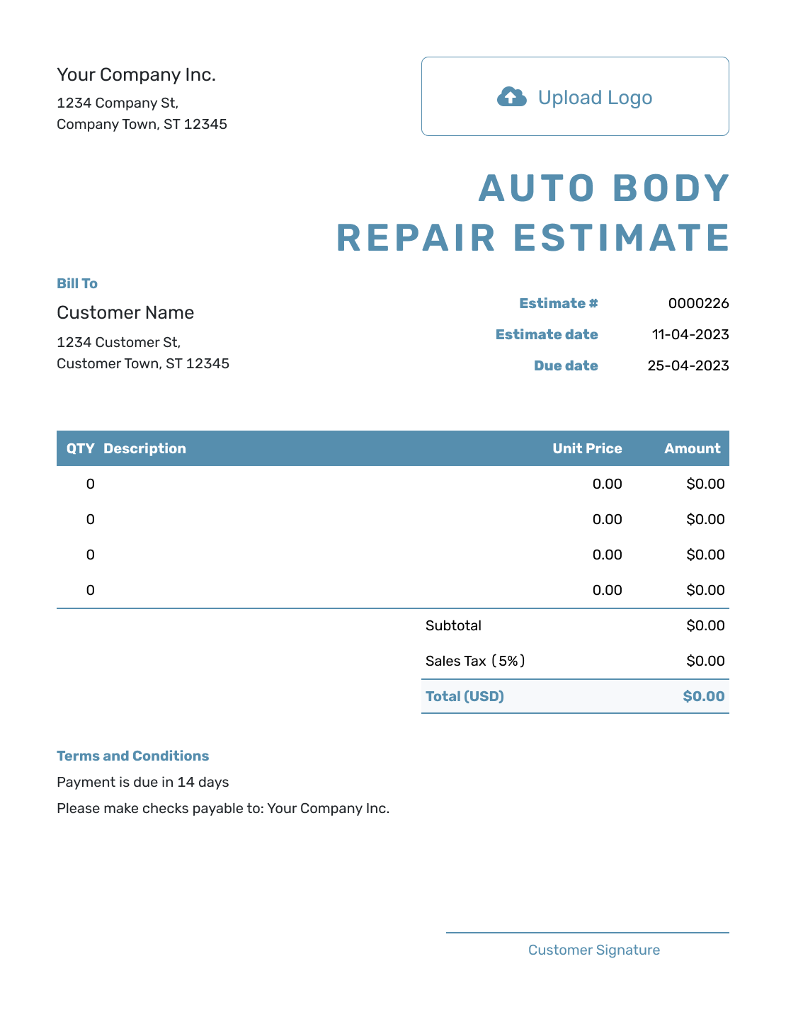 Blank Auto Body Repair Estimate Template