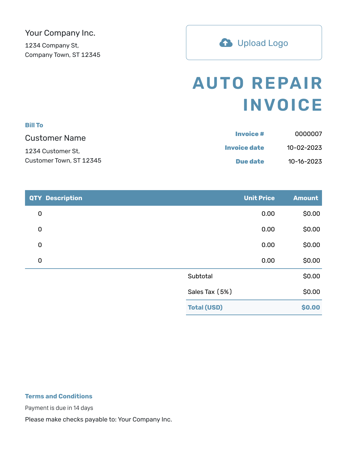 Blank Auto Repair Invoice Template