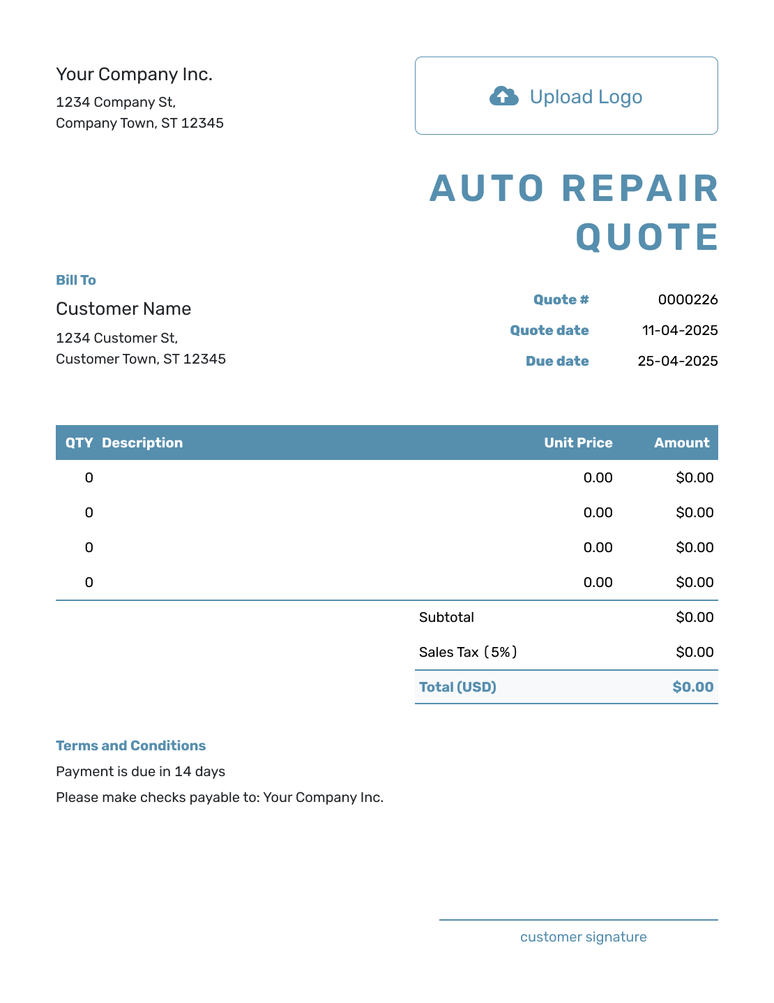 Blank Auto Repair Quote Template