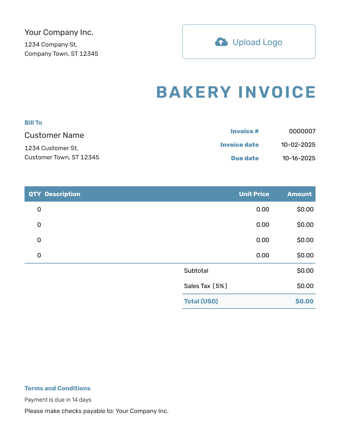 Blank Bakery Invoice Template