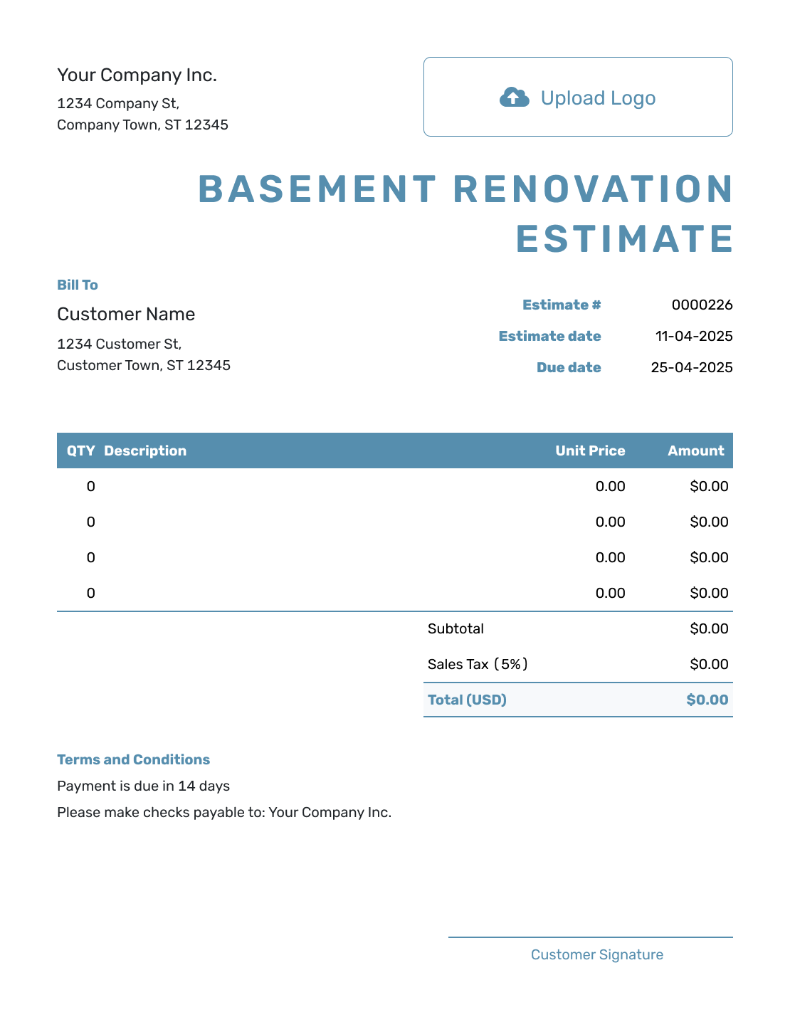 Blank Basement Renovation Estimate Template