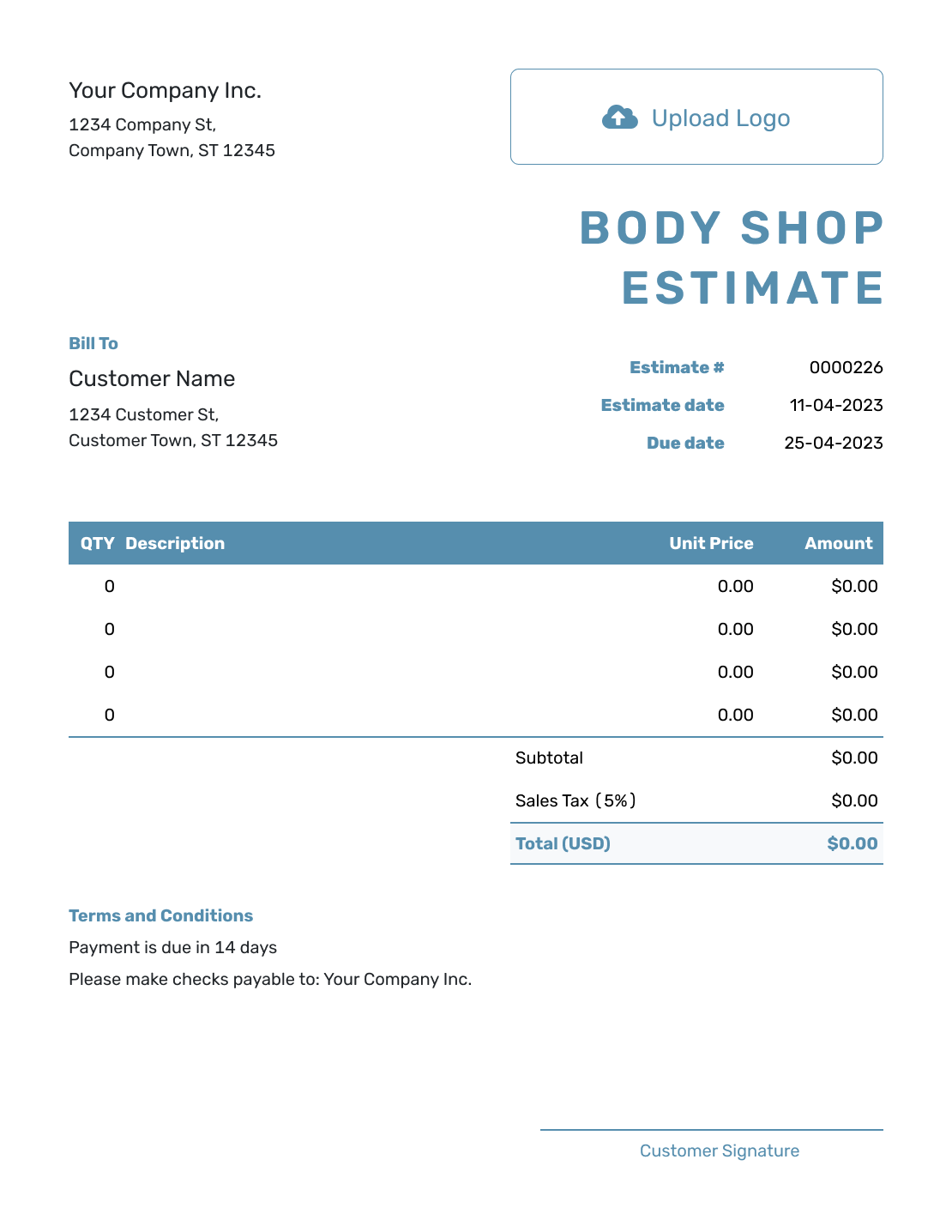 Blank Body Shop Estimate Template