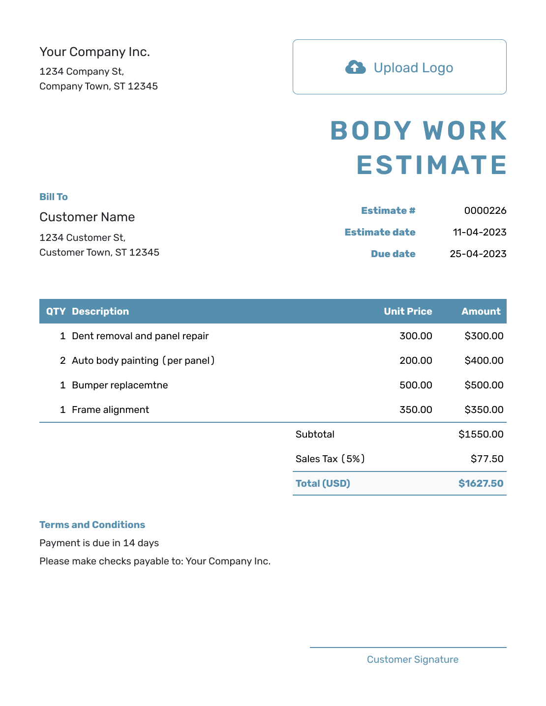 Blank Body Work Estimate Template