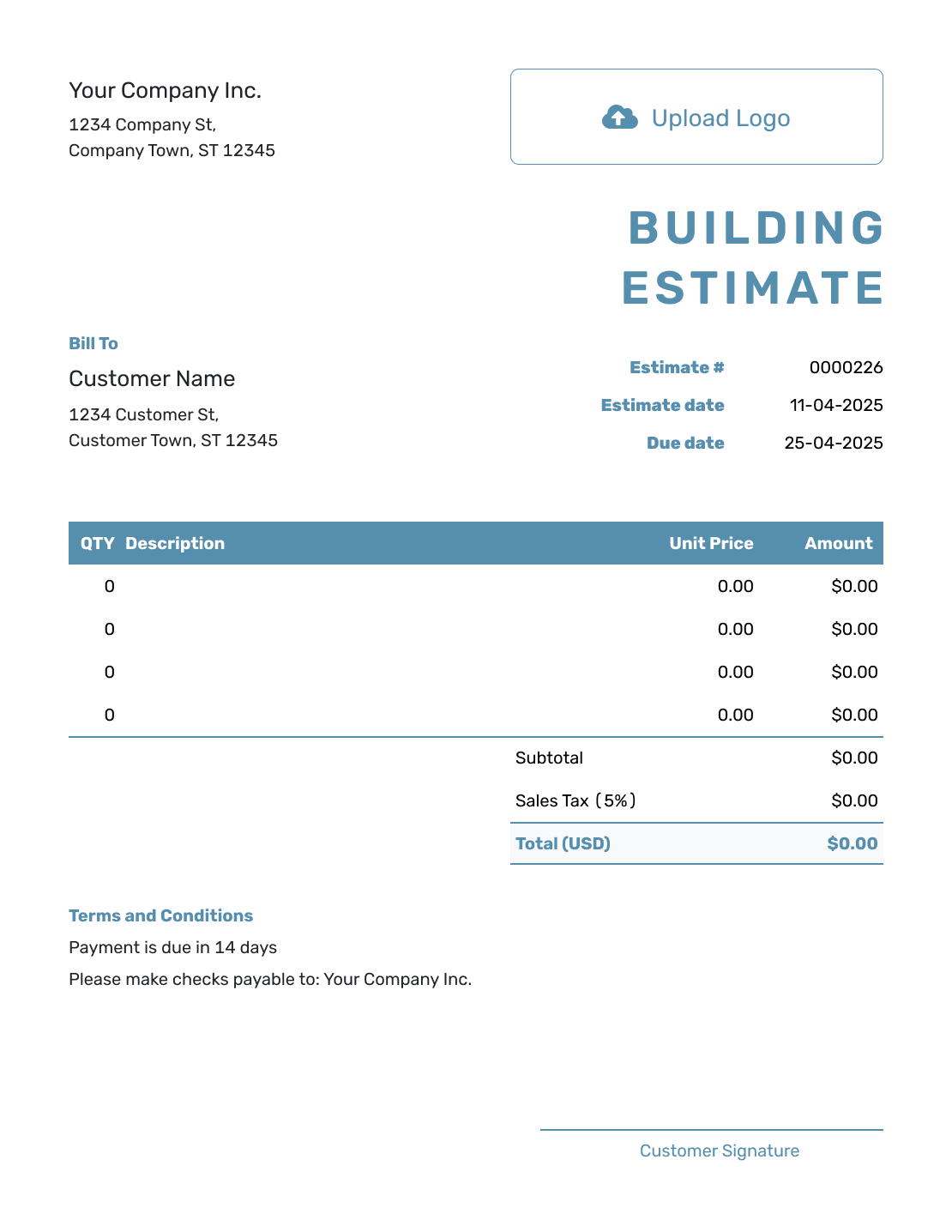 Blank Building Estimate Template