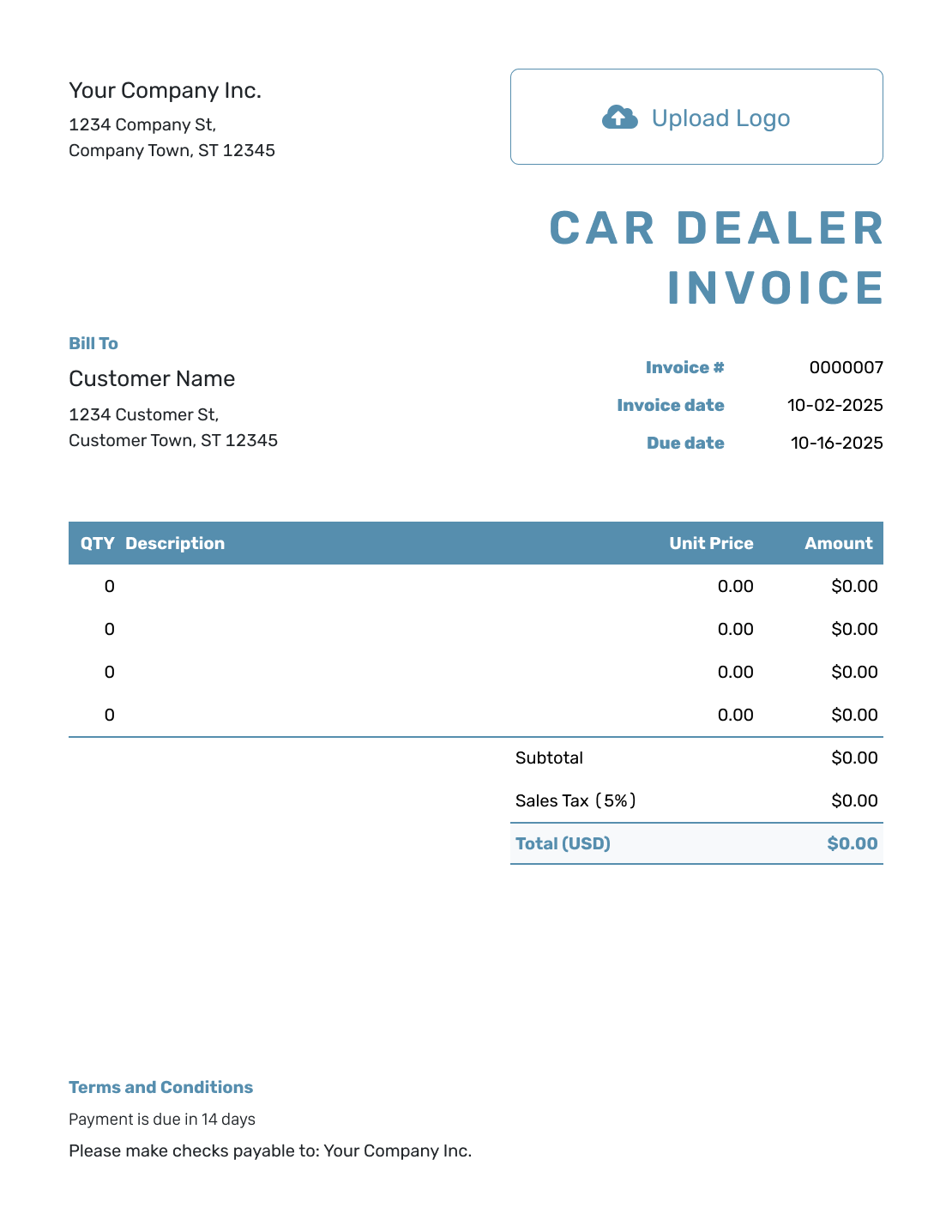 Blank Car Dealer Invoice Template