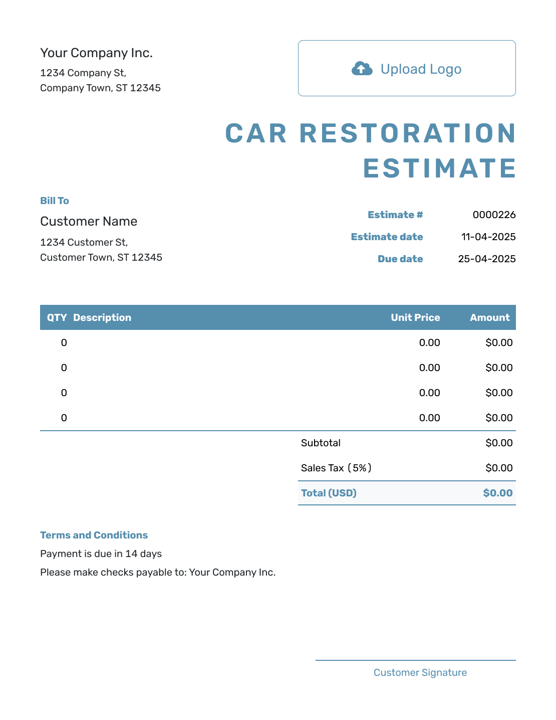 Blank Car Restoration Estimate Template