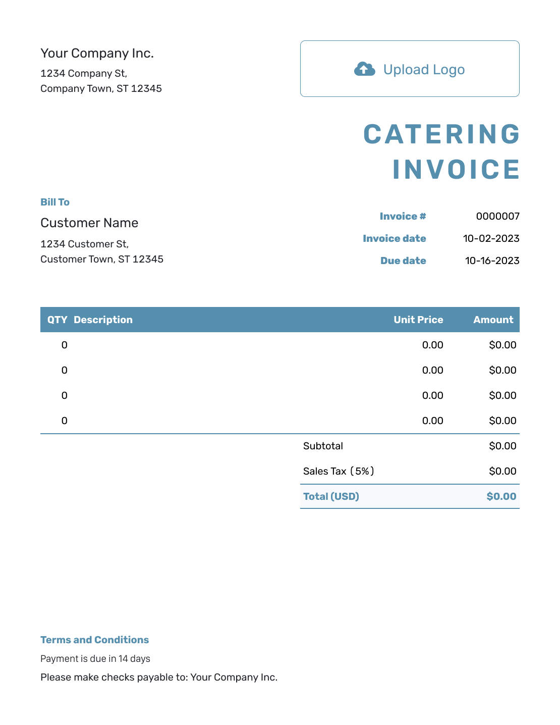 Blank Catering Invoice Template