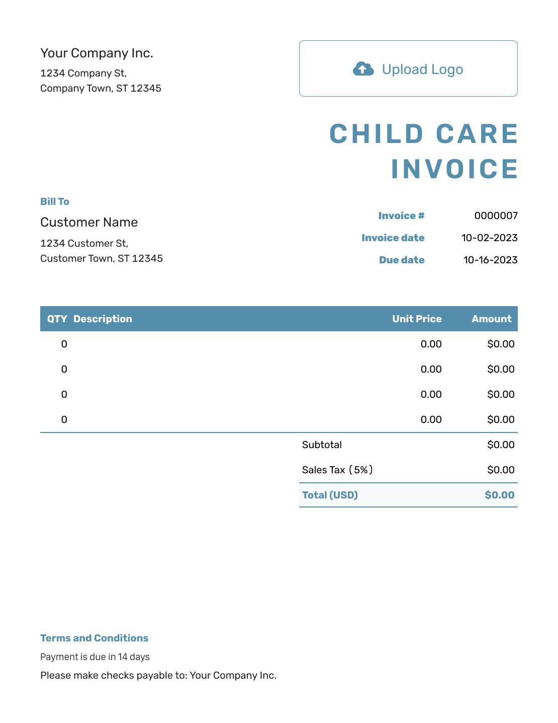 Blank Child Care Invoice Template