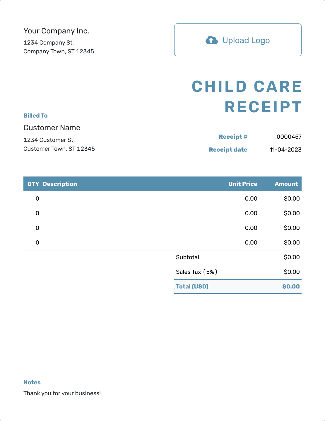 Blank Child Care Receipt Template