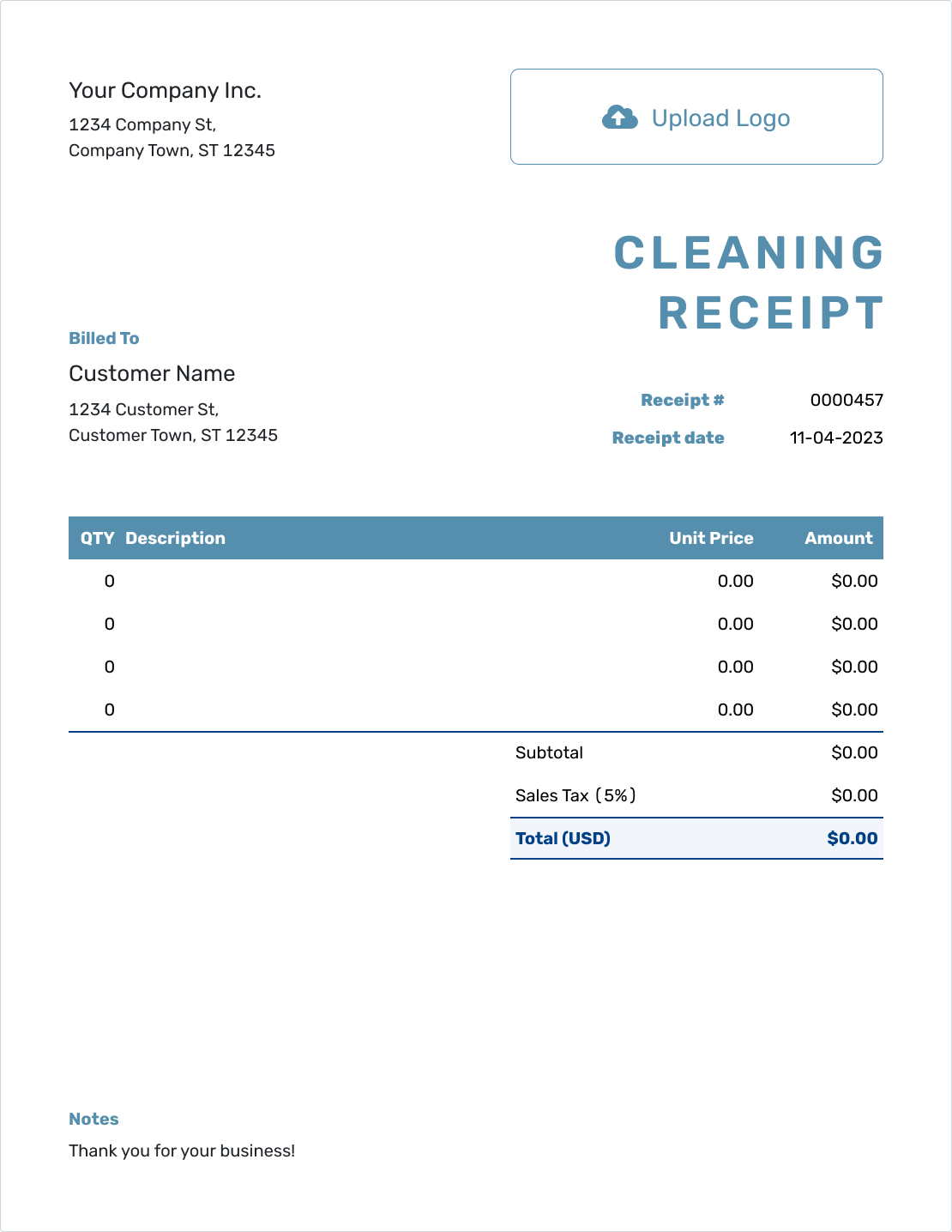 Blank Cleaning Receipt Template