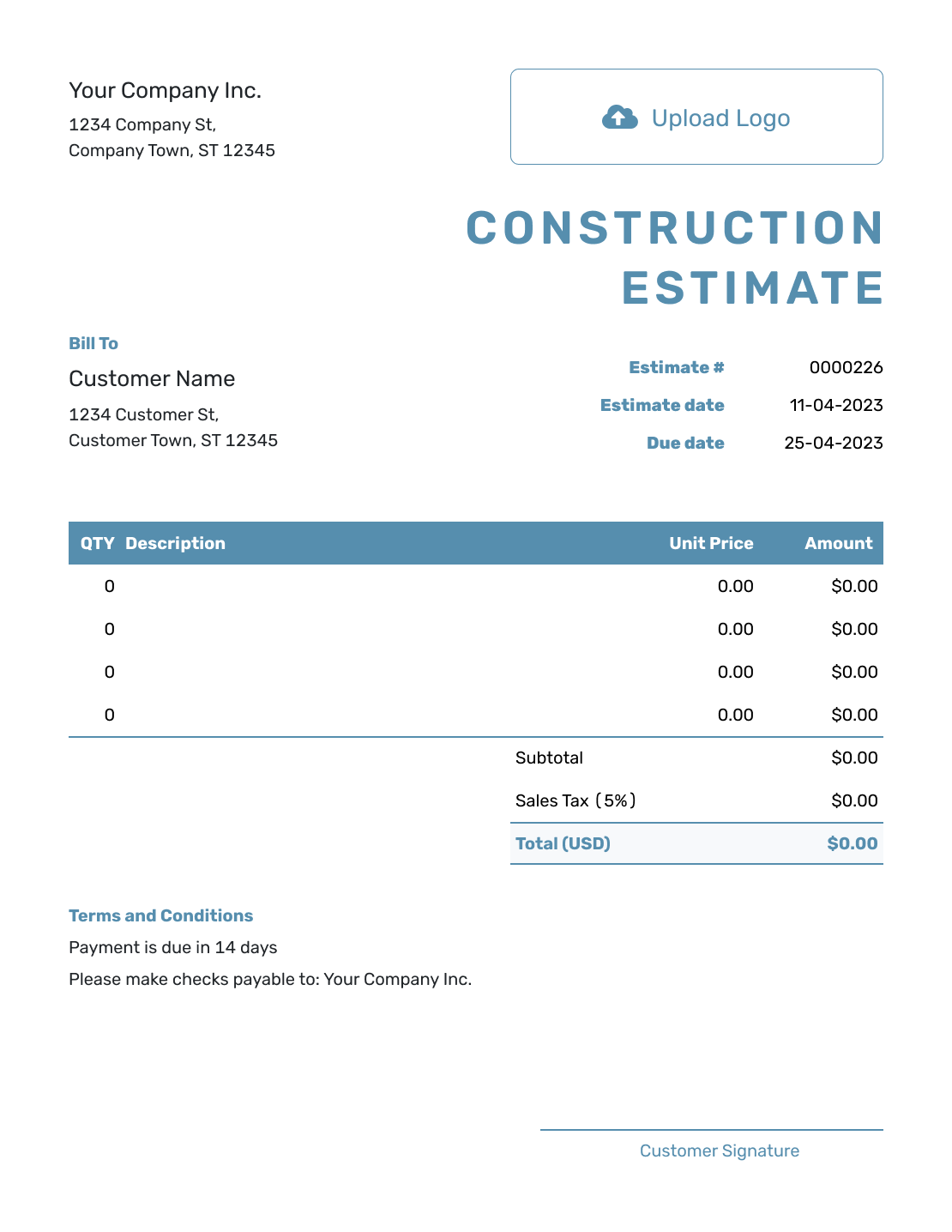 Blank Construction Estimate Template