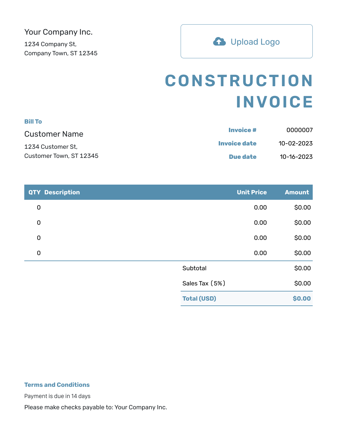 Blank Construction Invoice Template