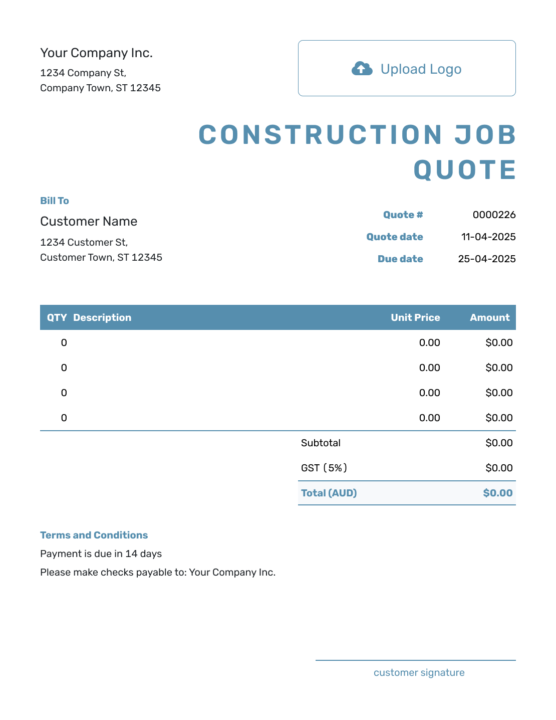 Blank Construction Job Quote Template