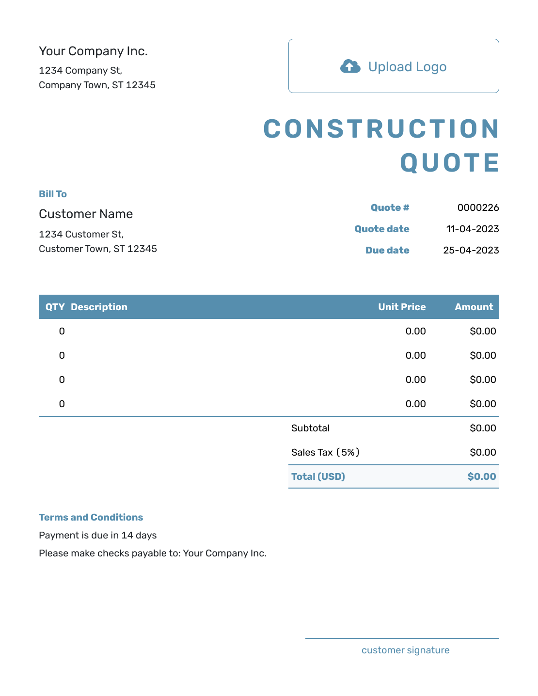 Blank Construction Quote Template