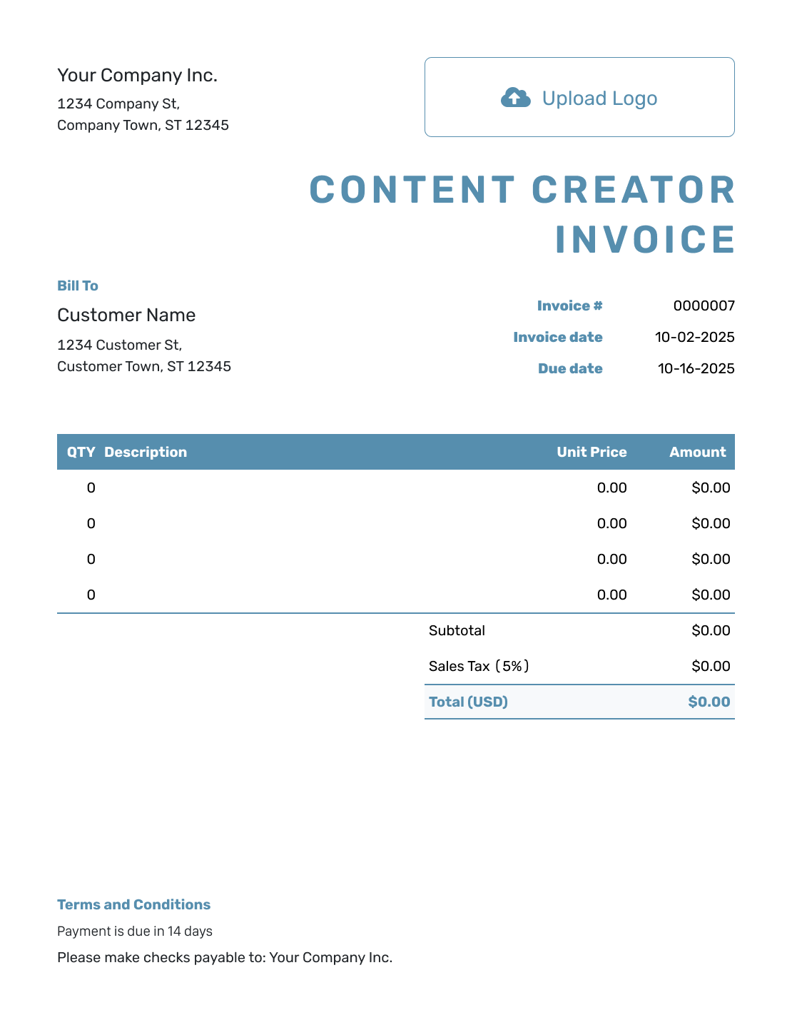 Blank Content Creator Invoice Template