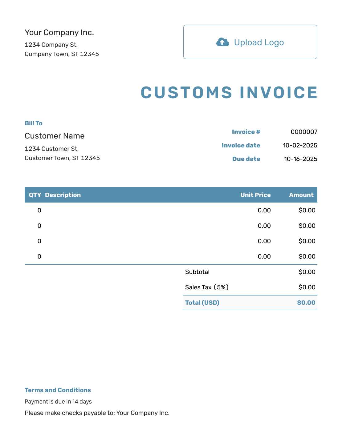 Blank Customs Invoice Template