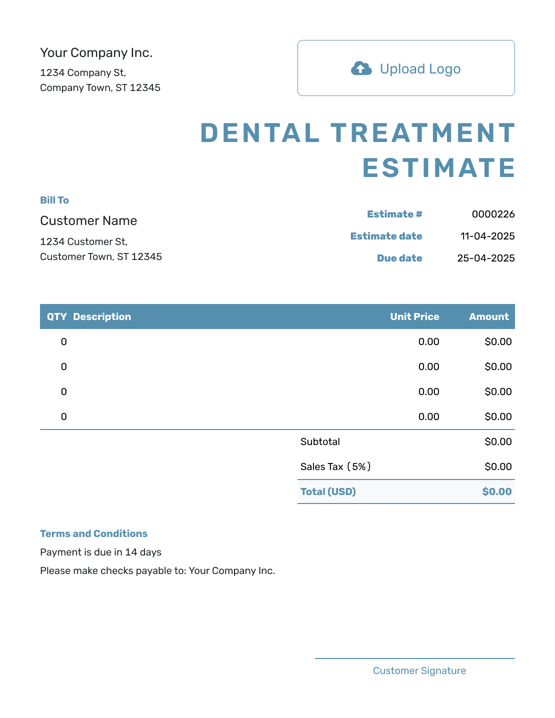 Blank Dental Treatment Estimate Template