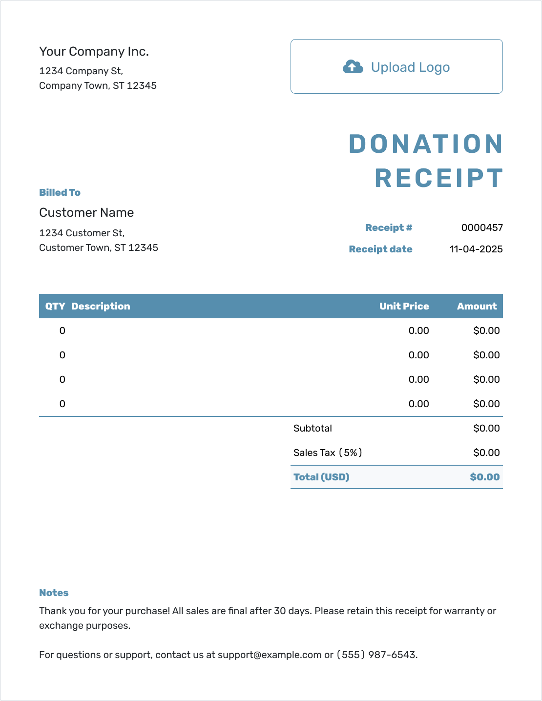 Blank Donation Receipt Template