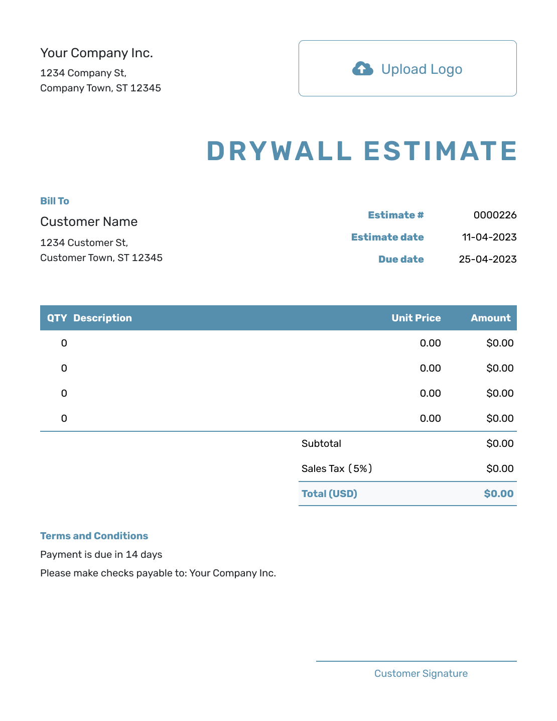 Blank Drywall Estimate Template