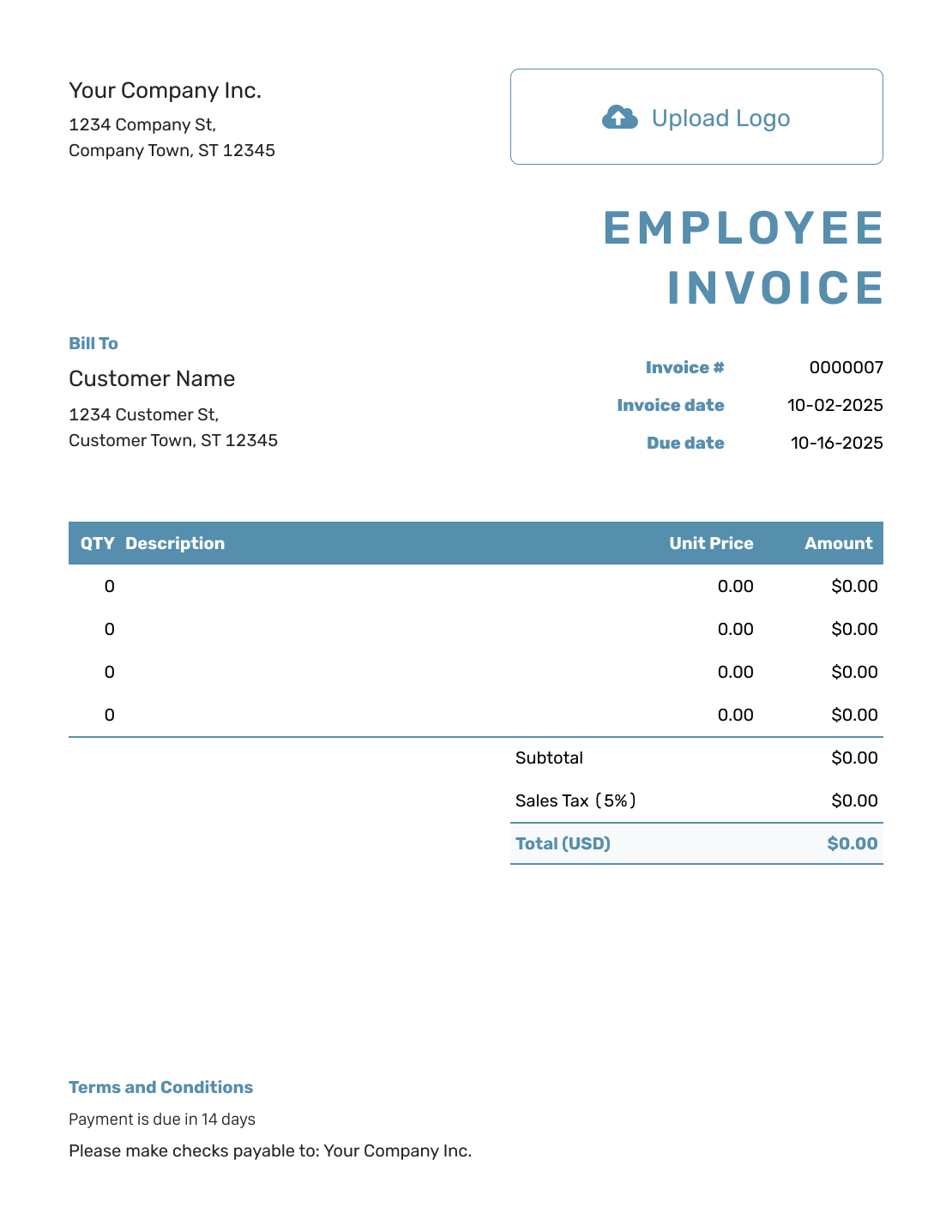 Blank Employee Invoice Template