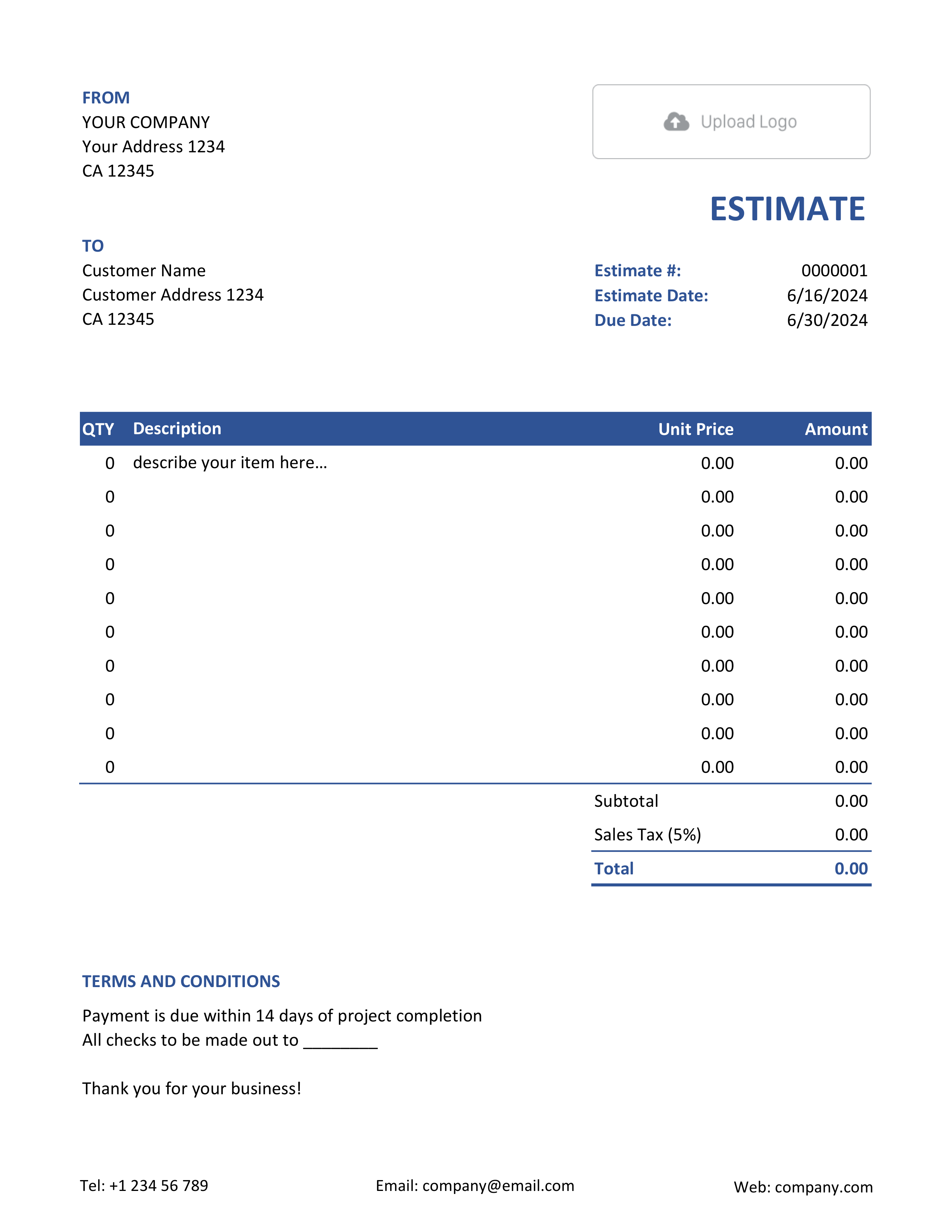 Blank Excel Estimate Template