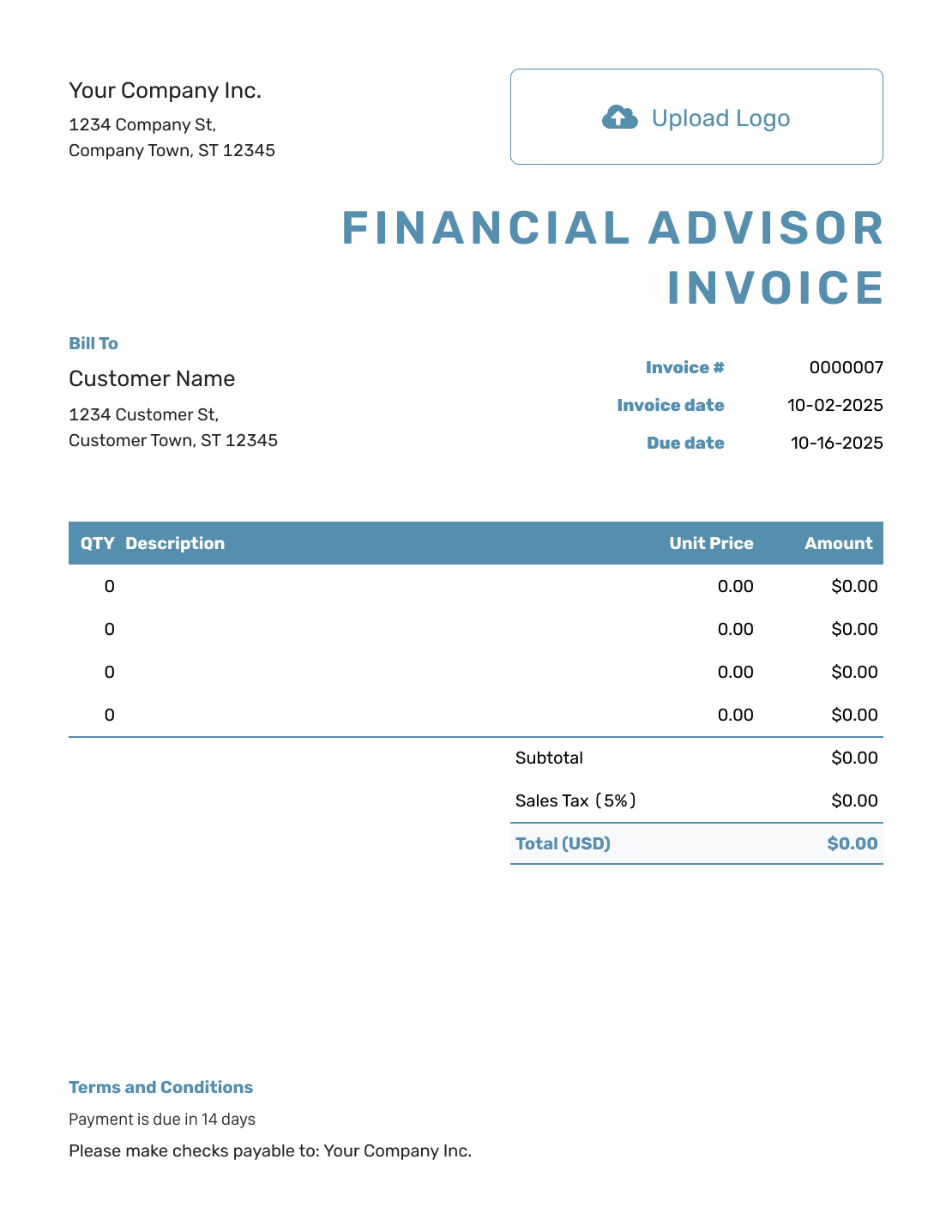 Blank Financial Advisor Invoice Template