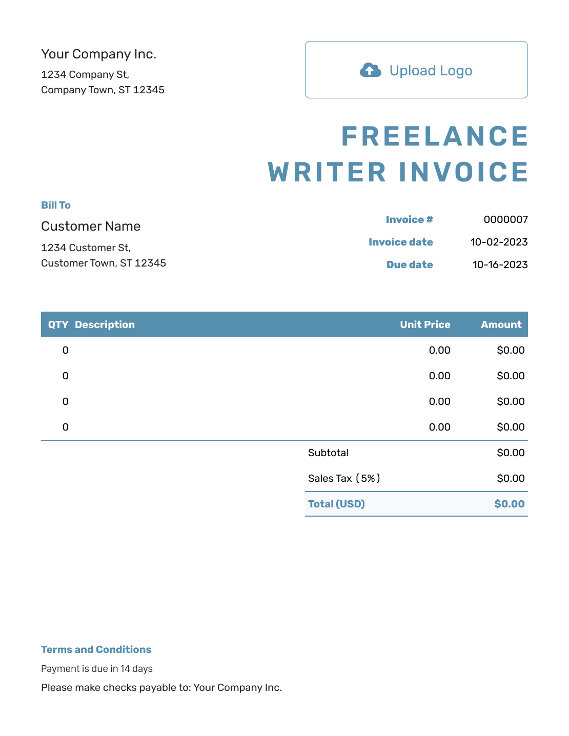 Blank Freelance Writer Invoice Template