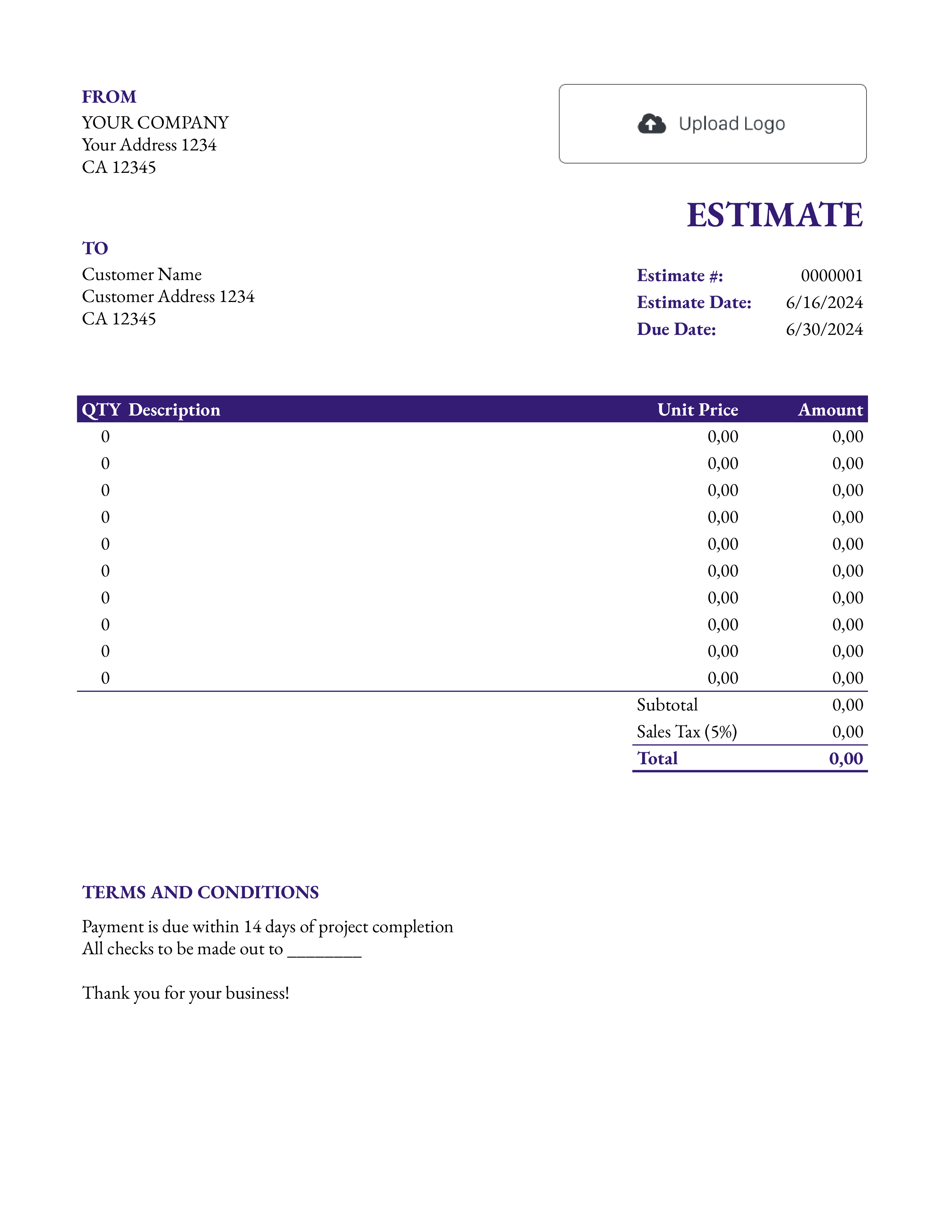 Blank Google Sheets Estimate Template