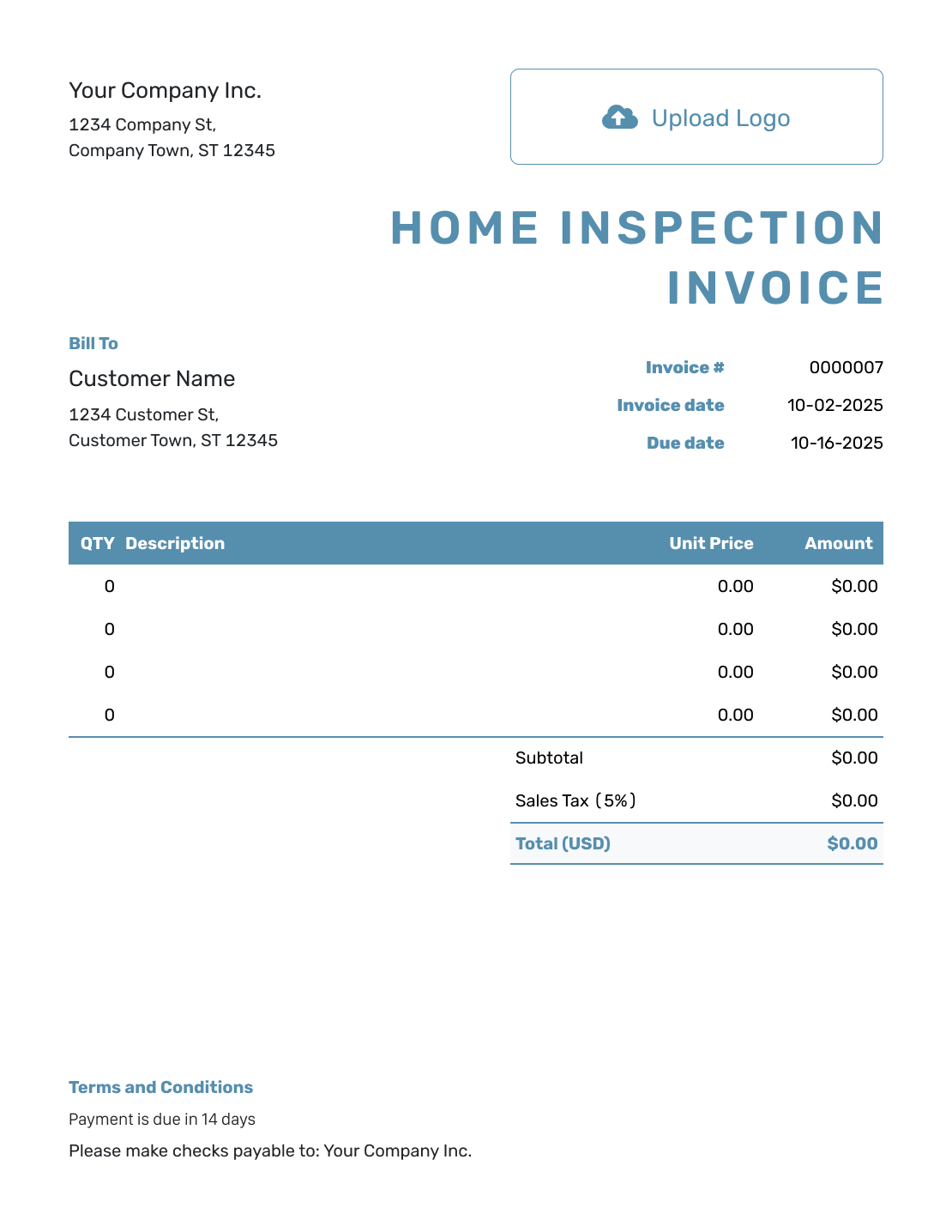 Blank Home Inspection Invoice Template