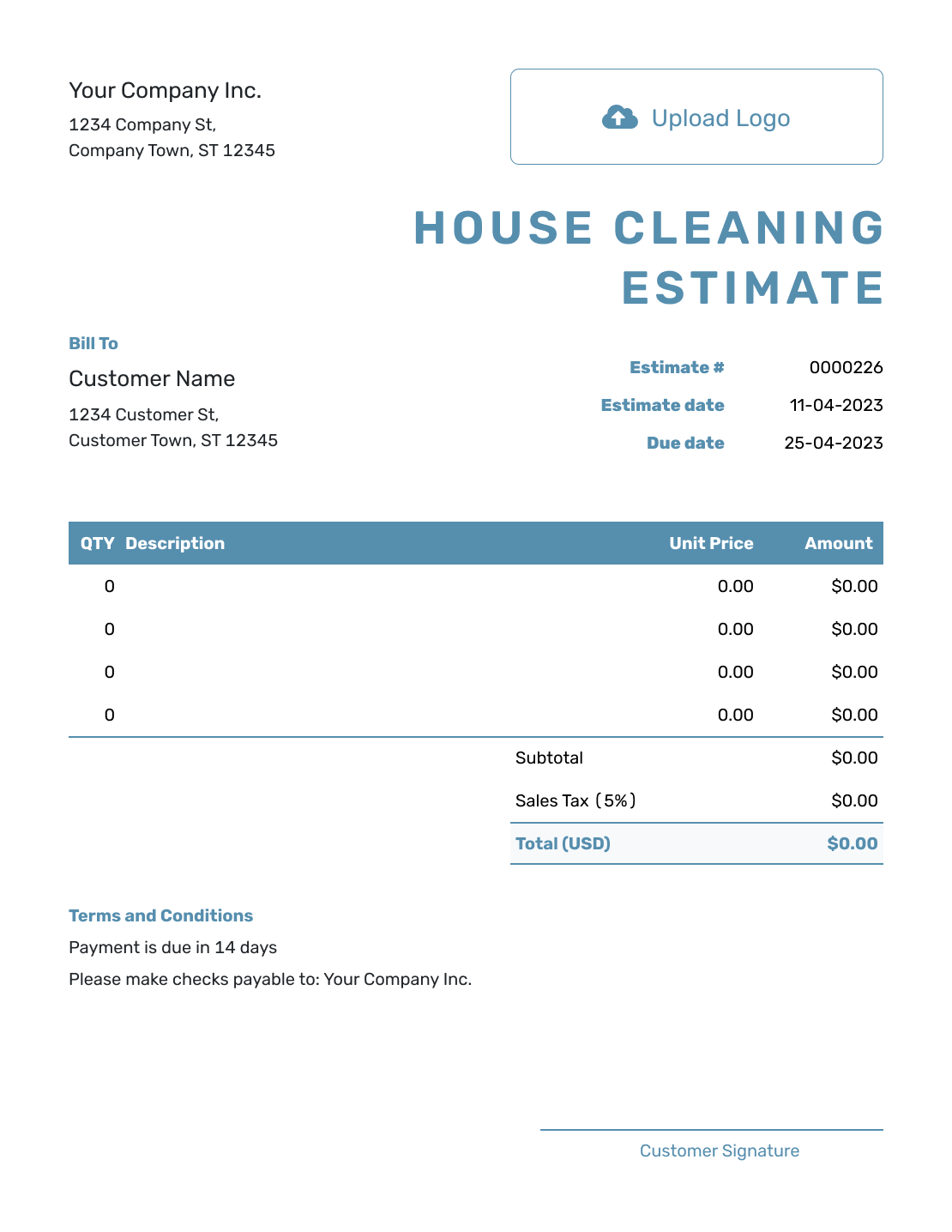 Blank House Cleaning Estimate Template