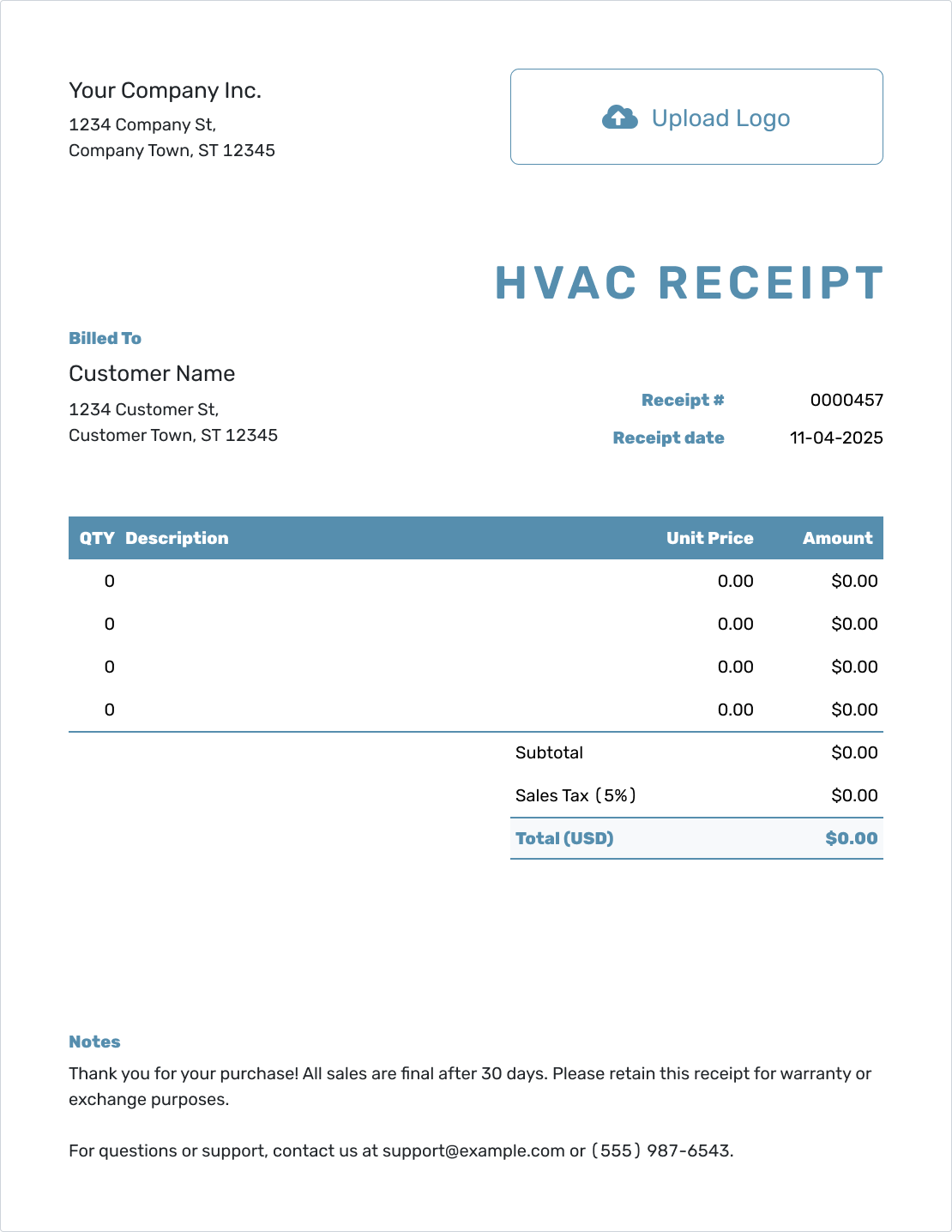 Blank HVAC Receipt Template