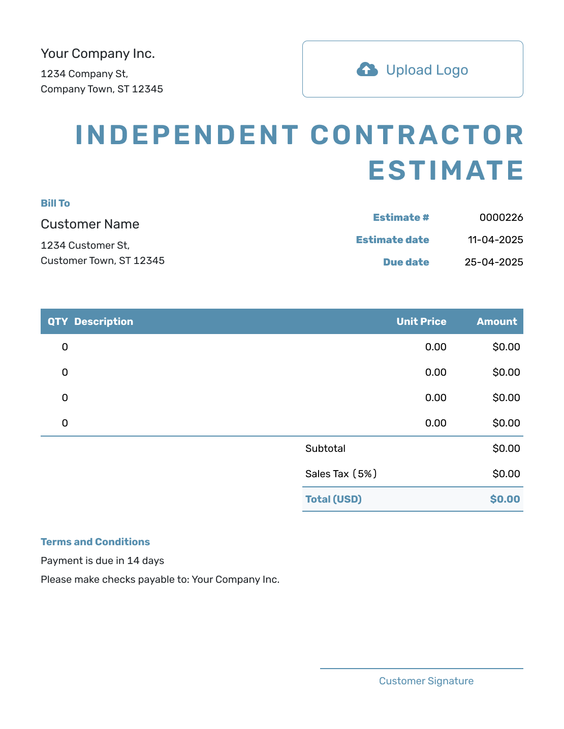 Blank Independent Contractor Estimate Template