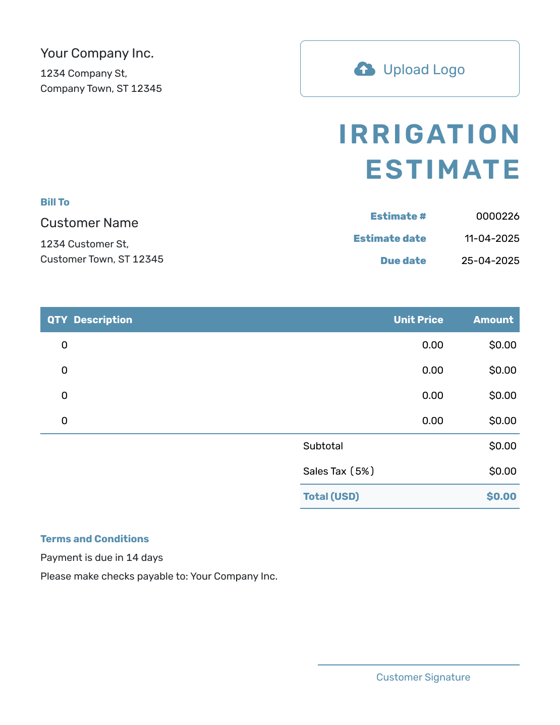 Blank Irrigation Estimate Template