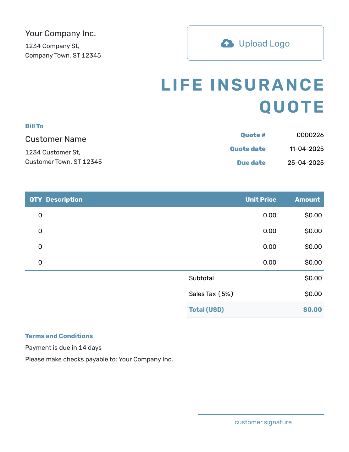 Blank Life Insurance Quote Template