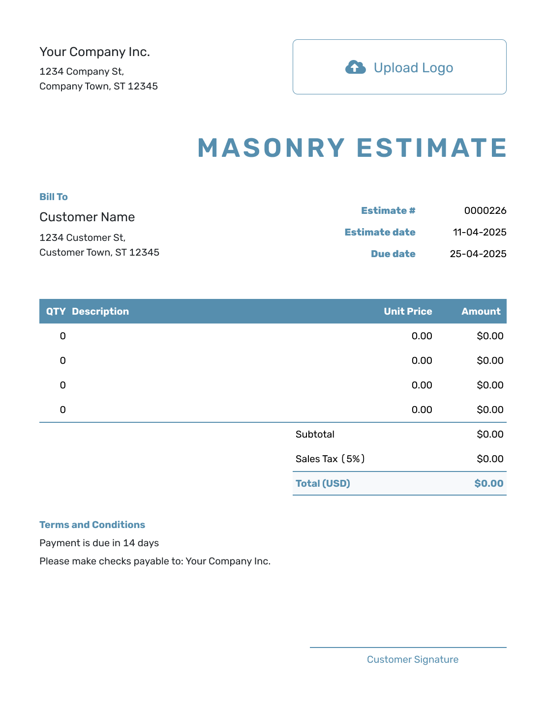 Blank Masonry Estimate Template