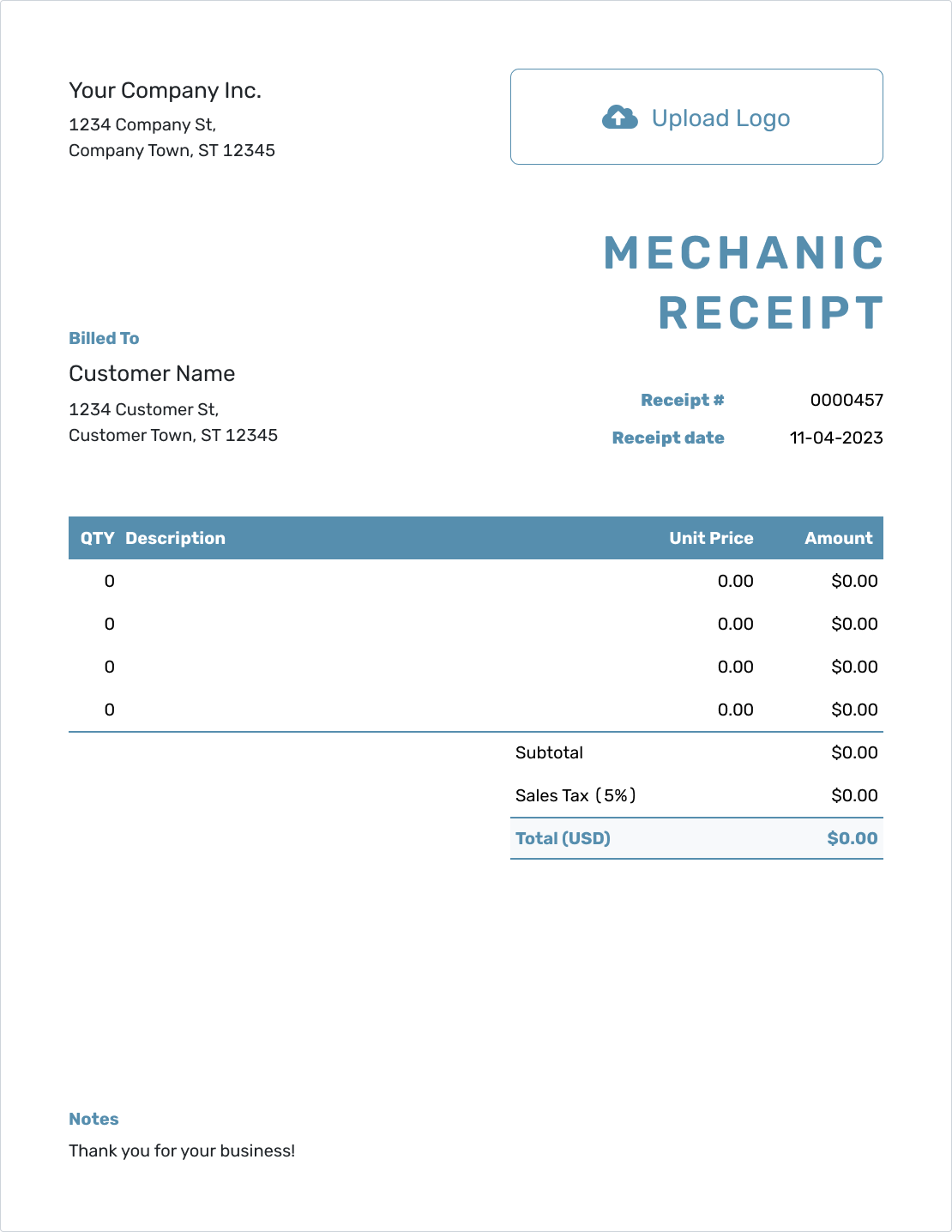 Blank Mechanic Receipt Template