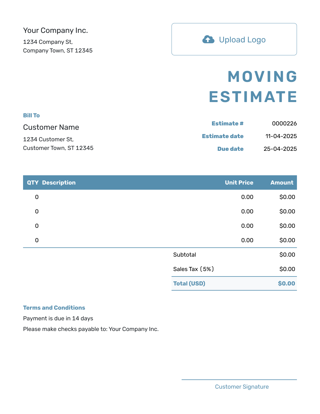 Blank Moving Estimate Template